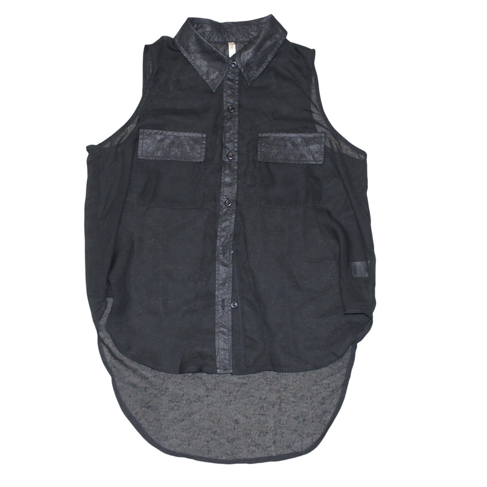 DNA Couture Black Sheer Sleeveless Button Front Blouse M Hi Lo Hem